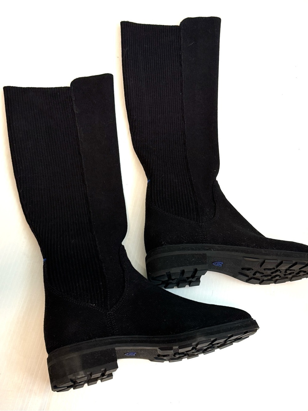 Rothy's Lug Boots New Black Mid-Calf Stretch-Knit Heeled Boots pull on